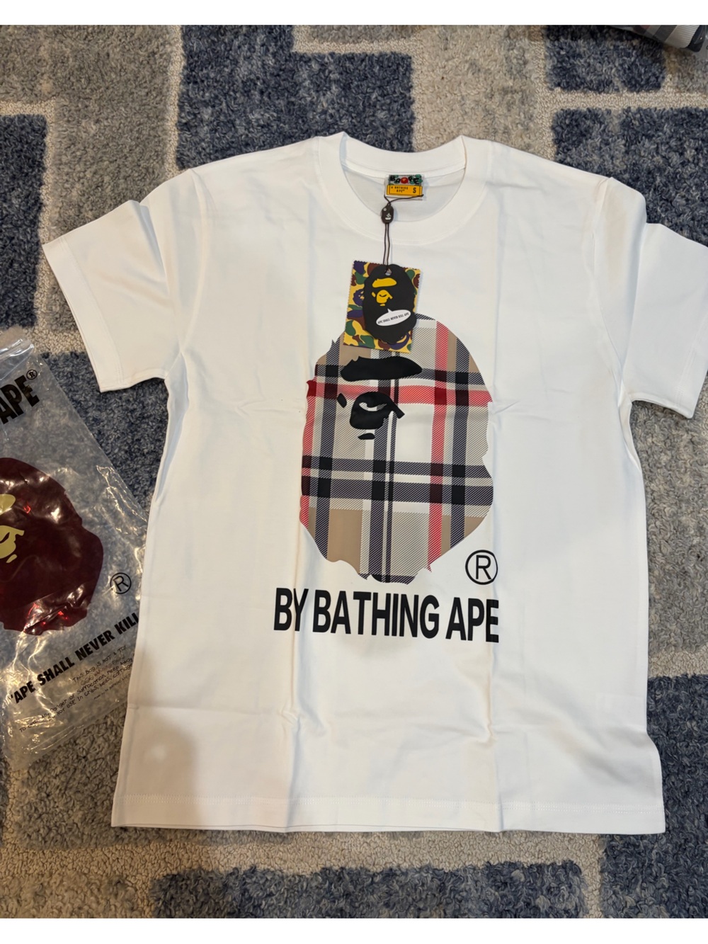 Bape White Tee with Plaid Ape Head Graphic